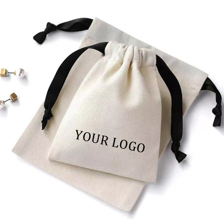 Custom Logo Canvas Storage Bag with Grosgrain Ribbon For Jewelry Cosmetics and other valuables
